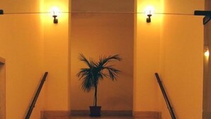 Uma escadaria com degraus de madeira e um vaso de planta no centro.