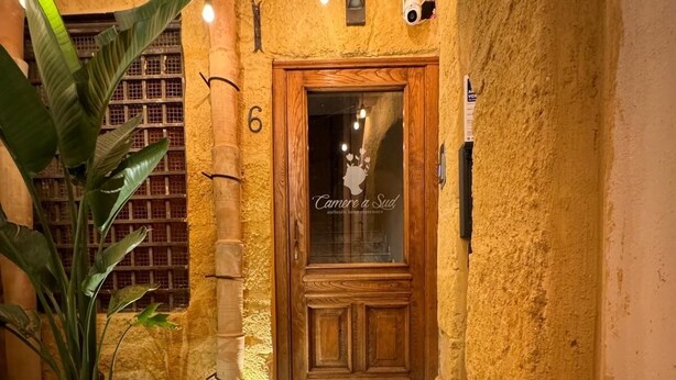 A wooden door with a glass panel, a potted plant, and a tiled entrance. - Camere a Sud (Agrigento)