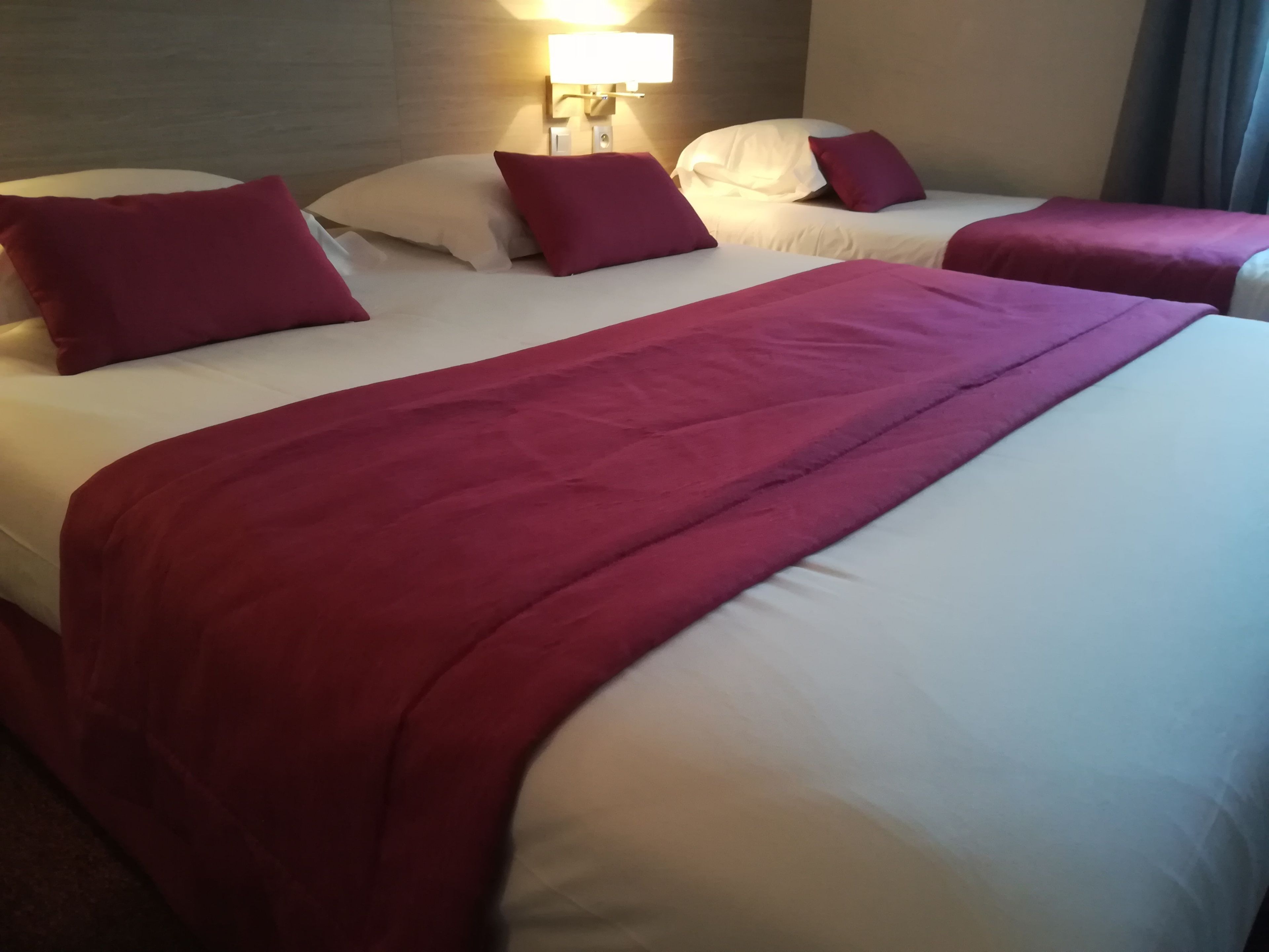 Une chambre d’hôtel avec deux lits, chacun agrémenté de draps blancs et de coussins décoratifs rouges. Une lampe est fixée au mur au-dessus des lits.