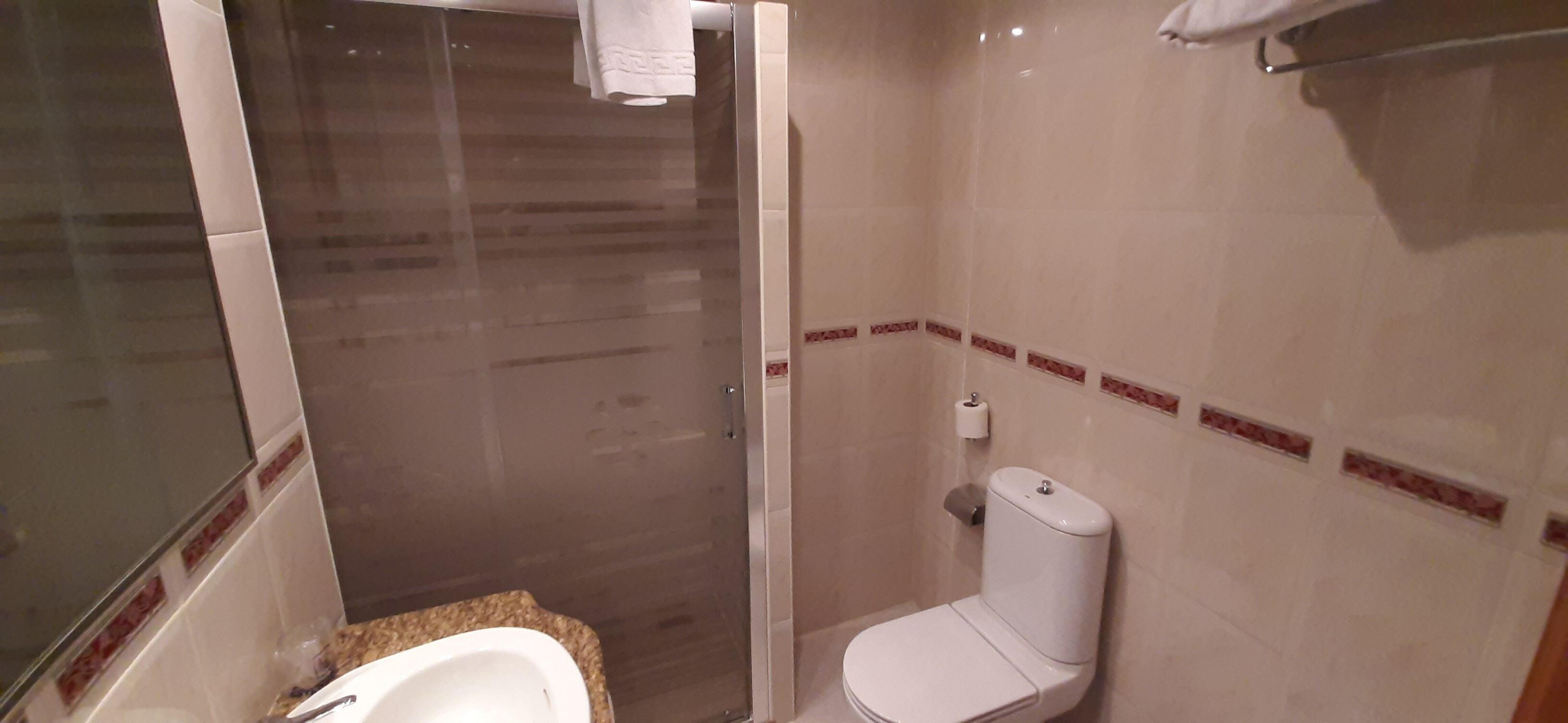 A bathroom with a glass shower enclosure, a toilet, and a sink.