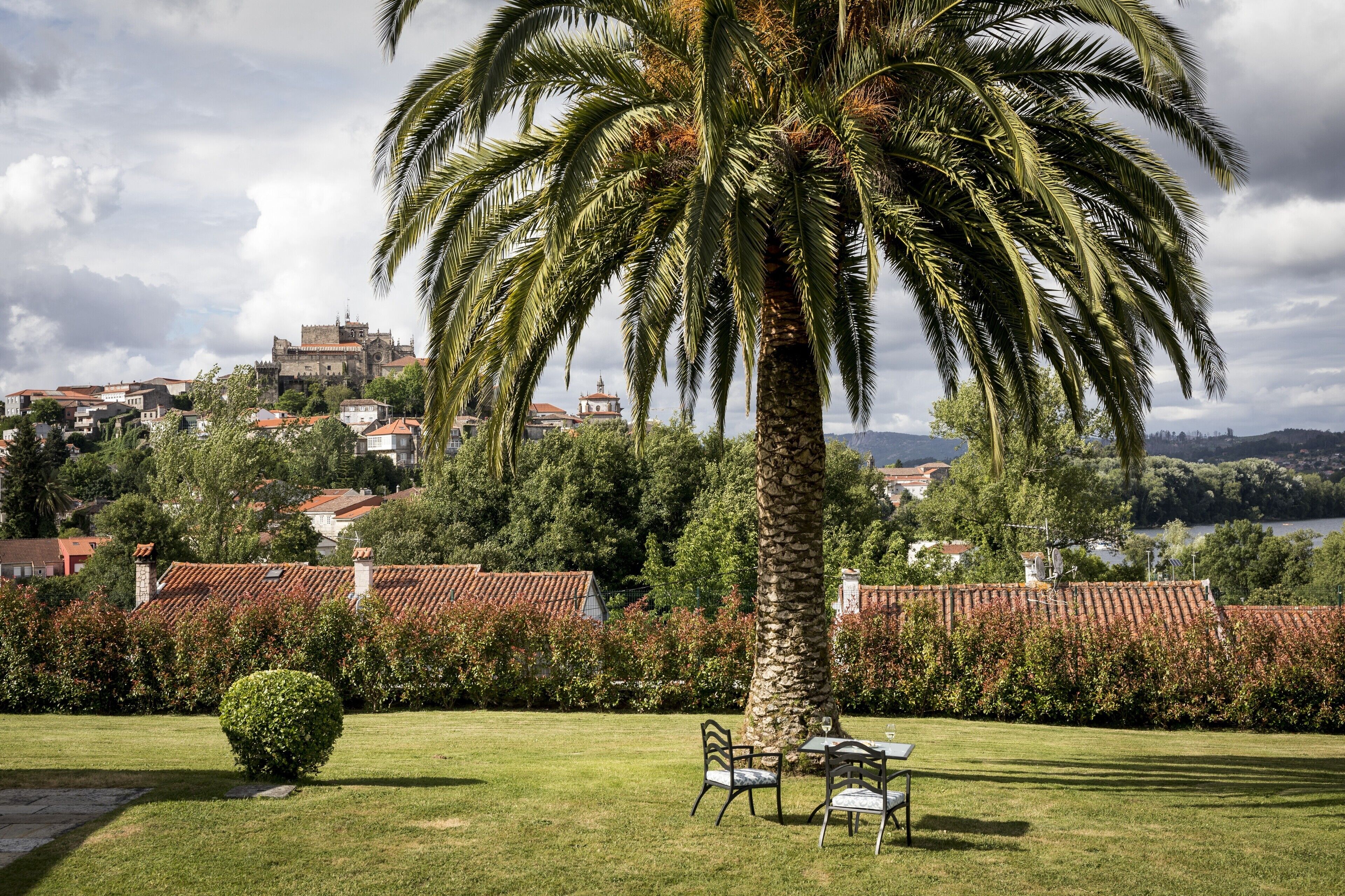 Un jardin avec un palmier, une petite table entourée de chaises, et une vue sur une ville où l’on aperçoit, au loin, des bâtiments aux toits rouges.