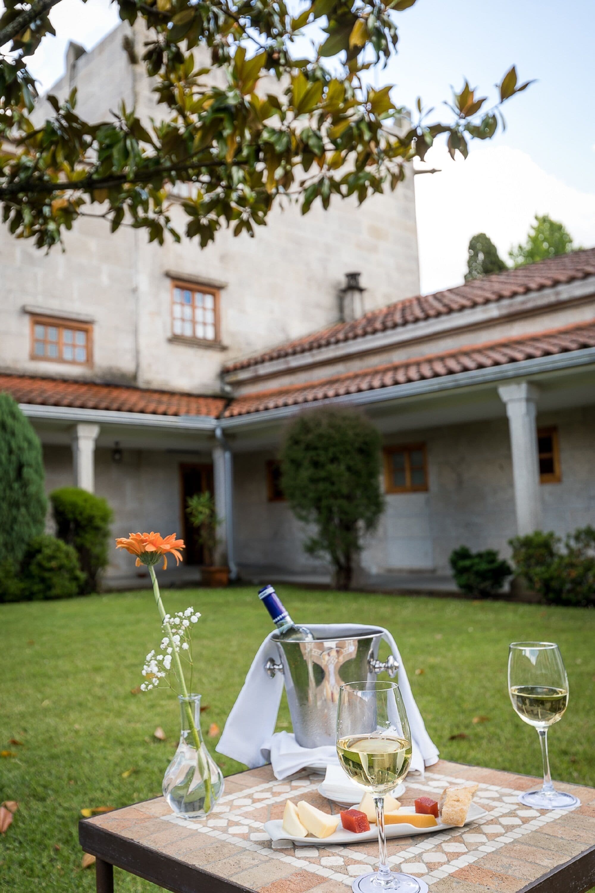 Una mesa al aire libre con una botella, copas y queso.