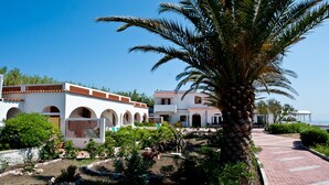 A coastal resort with white buildings, palm trees, and a paved walkway. - Calabattaglia (Ventotene)