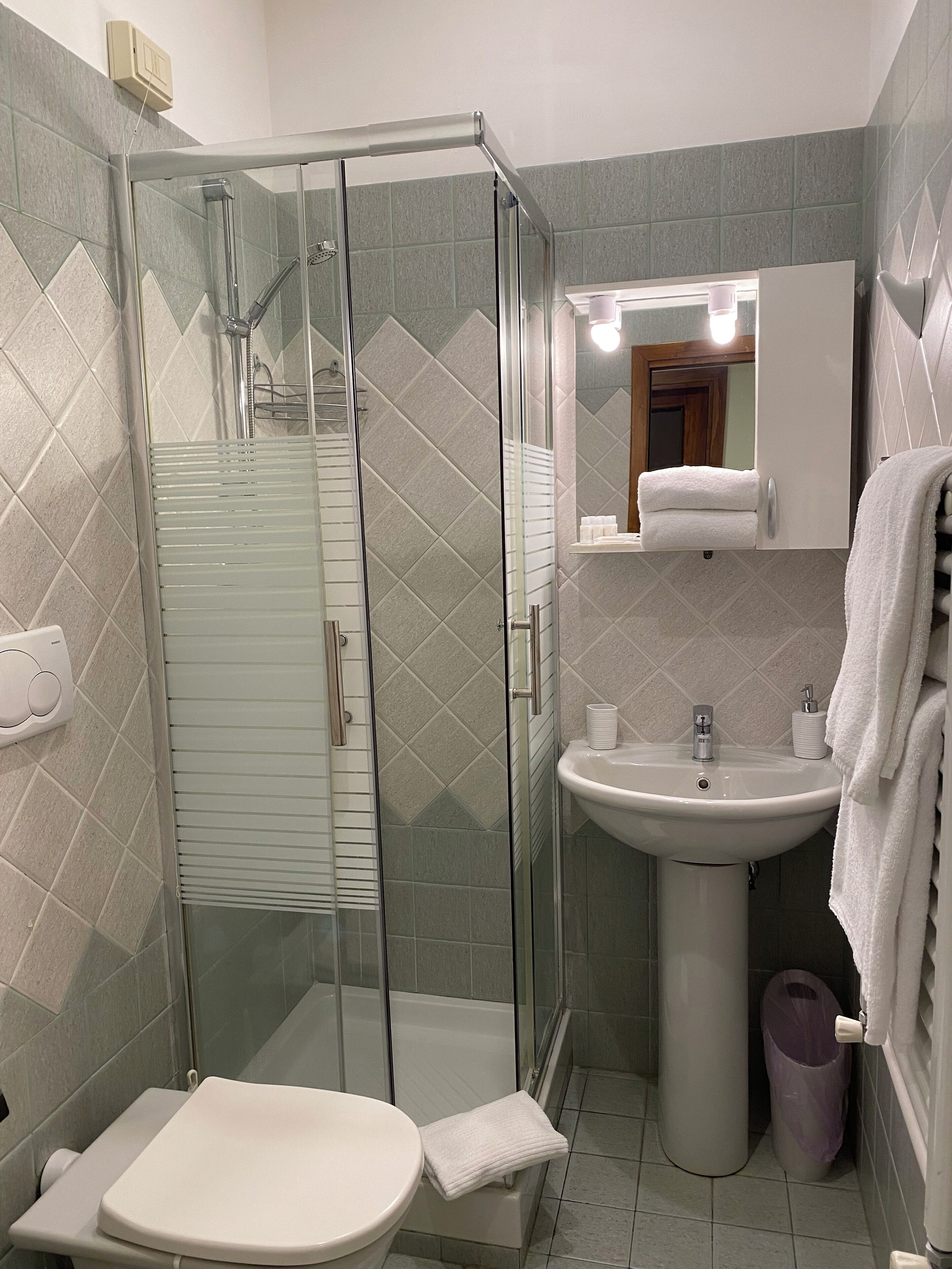 A modern bathroom with a glass-enclosed shower, a pedestal sink, and a toilet.