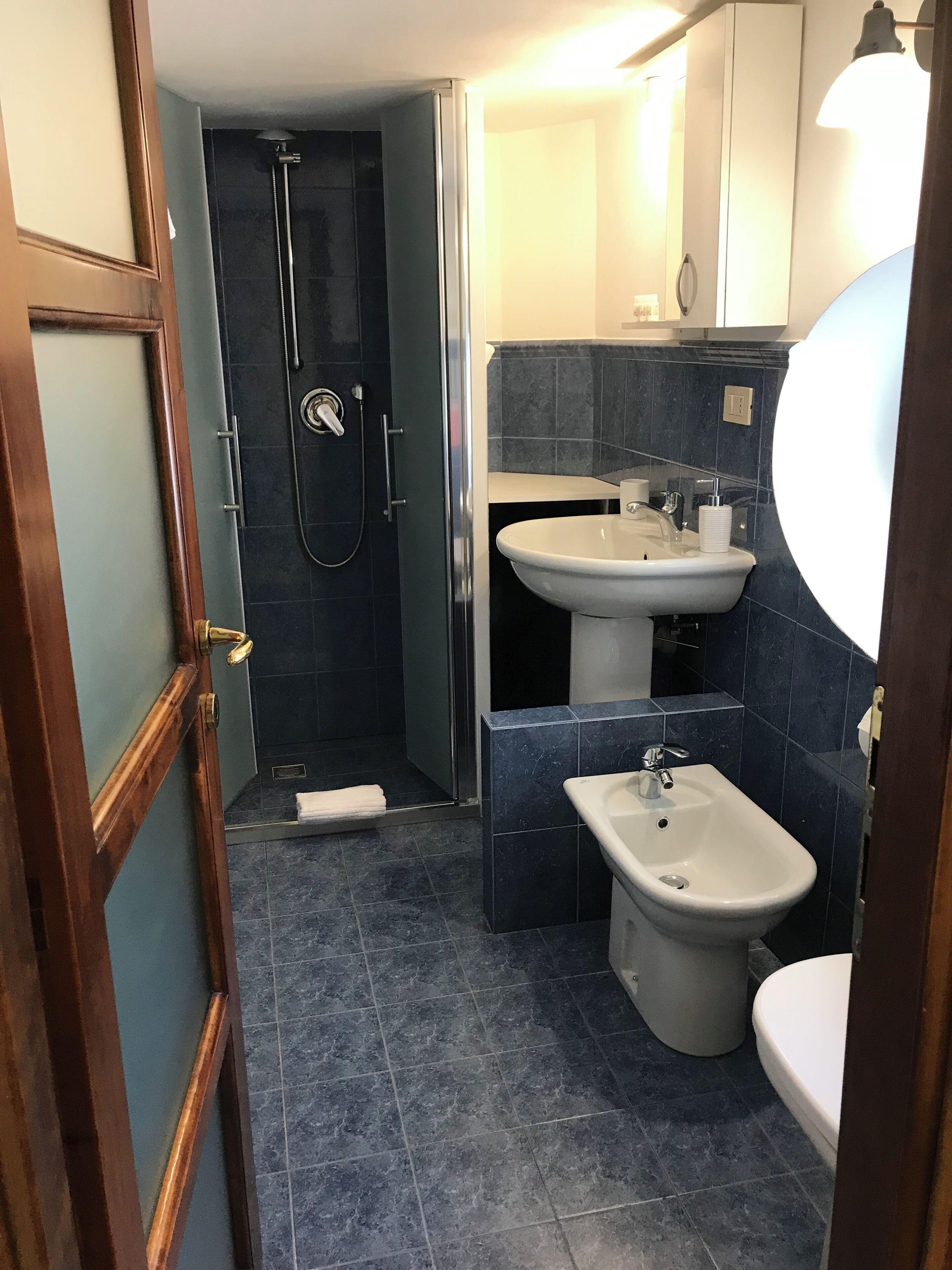 A modern bathroom with a shower, sink, and bidet.