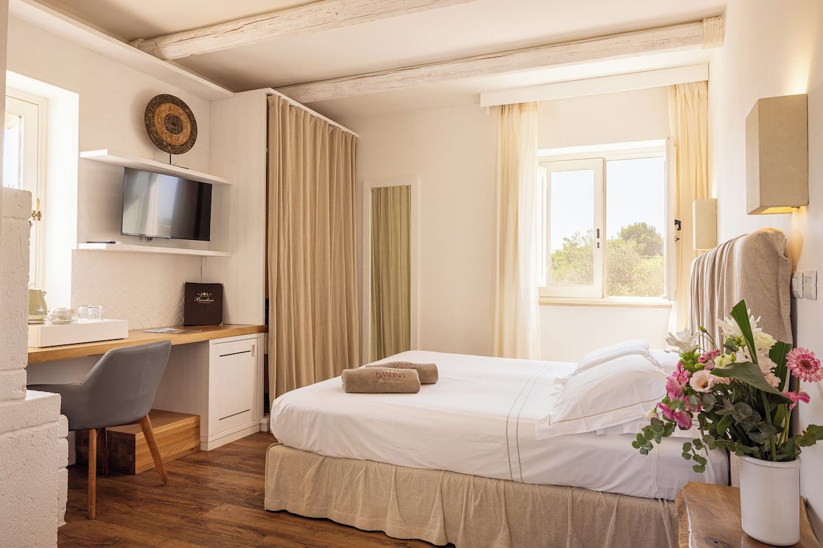 Une chambre d’hôtel comprenant un lit, un bureau avec une télévision, une chaise, un petit meuble et une fenêtre avec des rideaux.