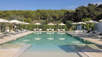 Seasonal outdoor pool, pool umbrellas