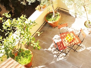 Une terrasse avec une table et des chaises, entourée de plantes en pot et d’un petit arbre.