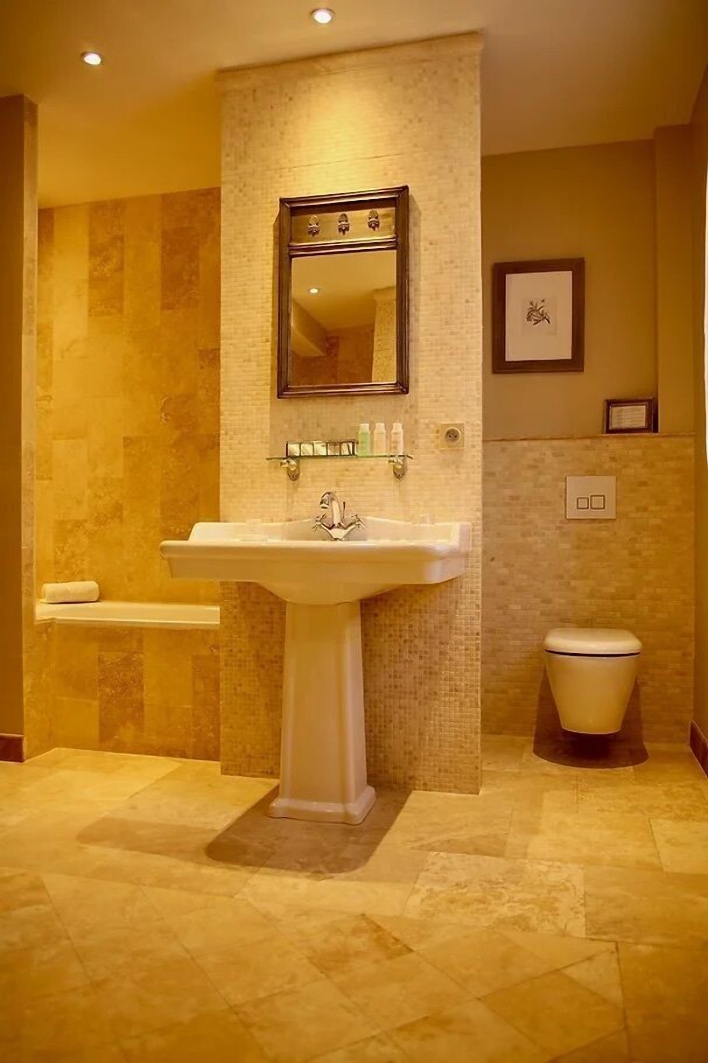 A bathroom with a pedestal sink, a mirror, and a toilet.