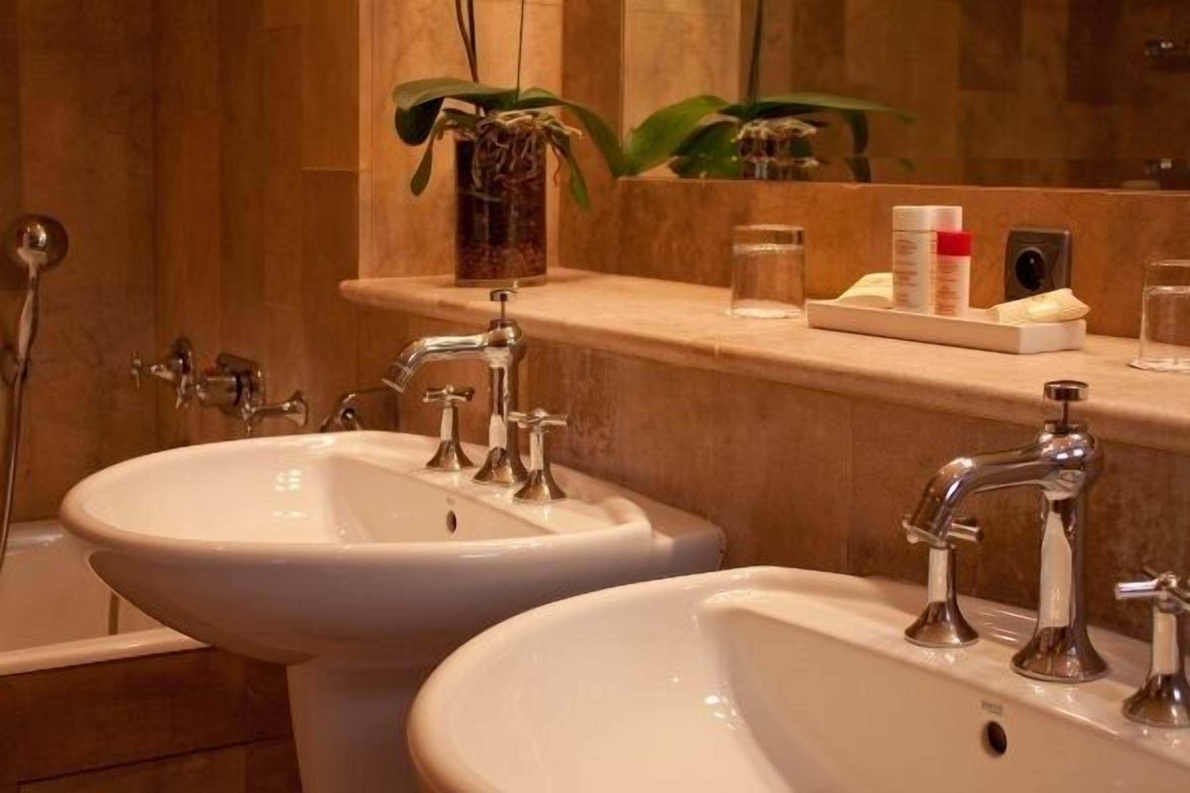 A bathroom with two sinks, a shower, and a shelf with toiletries.