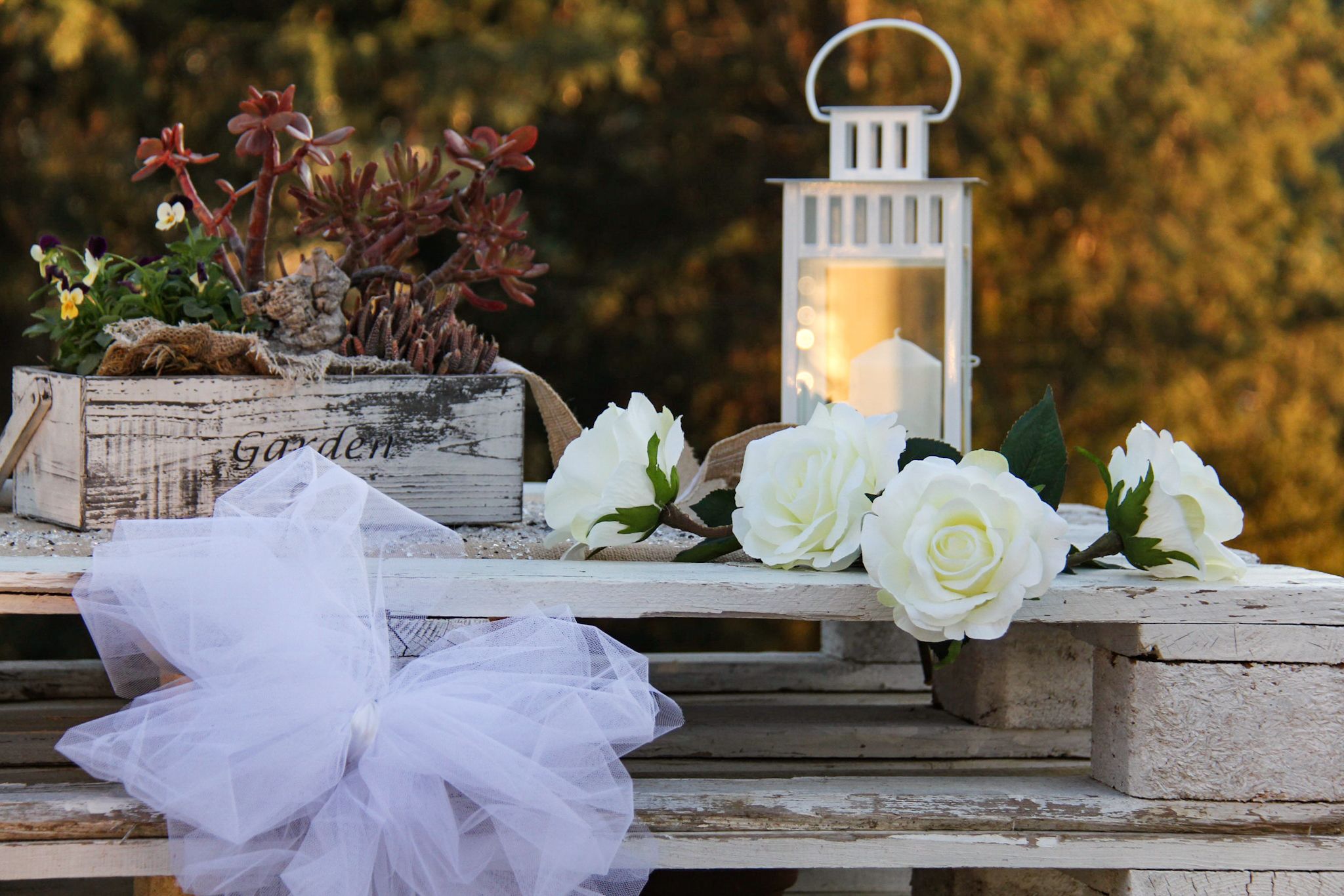 A rustic wooden bench with white roses and a lantern.