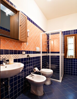 Een douche, een haardroger, een bidet, handdoeken