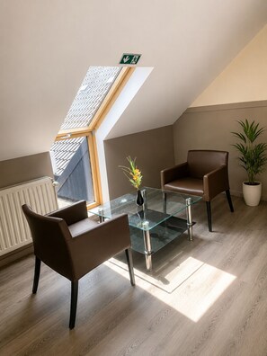 A modern loft bedroom with a glass ceiling, a dining table with chairs, a potted plant, and a radiator.