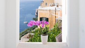 A view through an arched window of a coastal building with a potted orchid. - Palazzo Talamo (Positano)