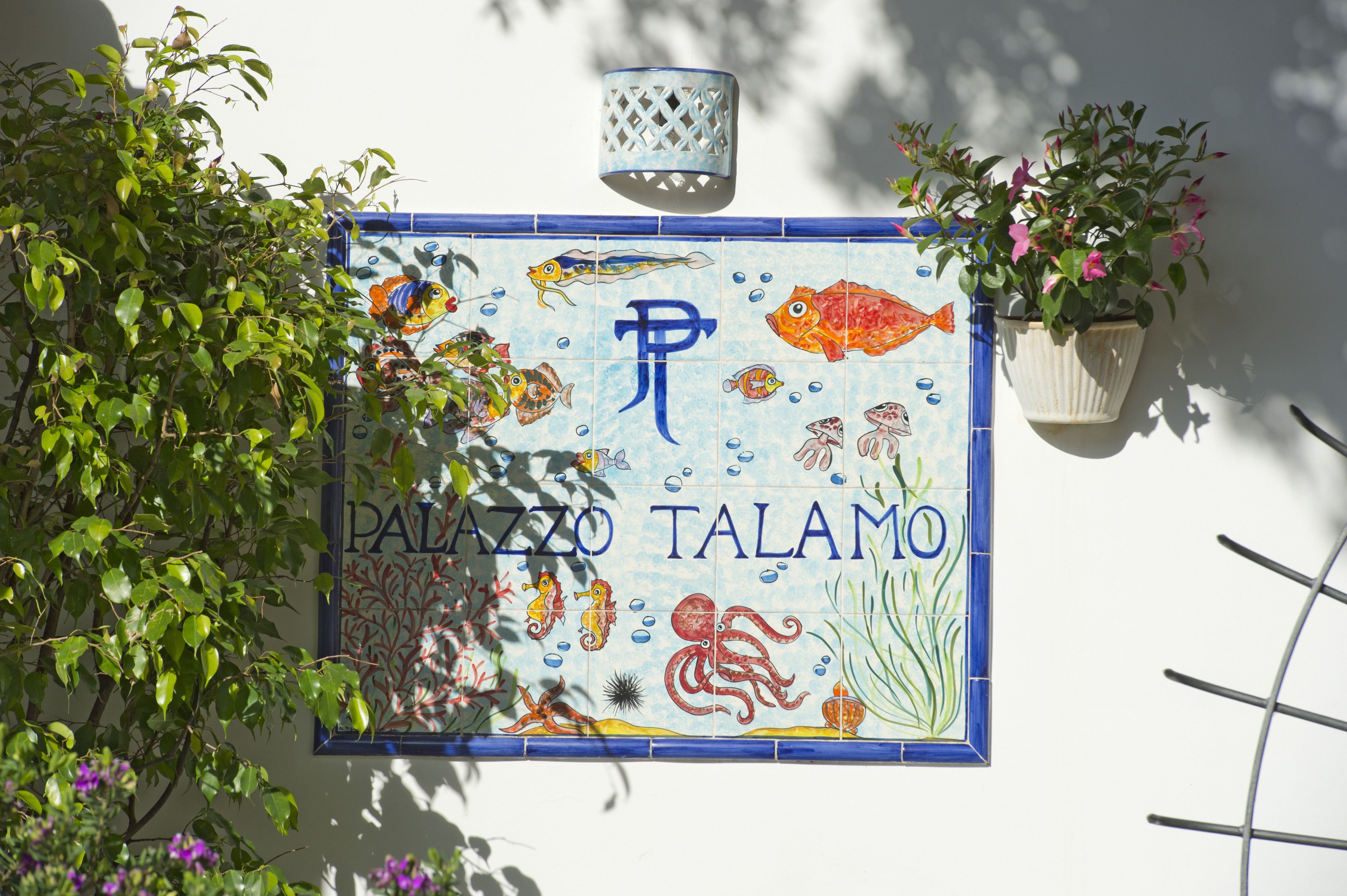 A colorful sign with marine life and the text "PALAZZO TALAMO".