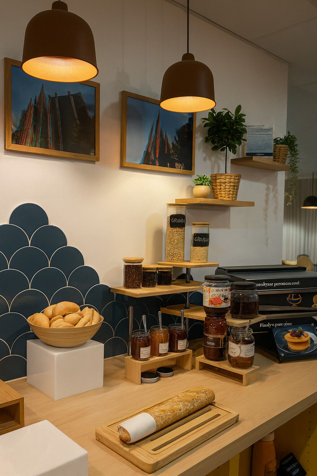 Un comptoir de boulangerie avec des pots de miel et du pain, un rouleau à pâtisserie et un saladier rempli de viennoiseries.
