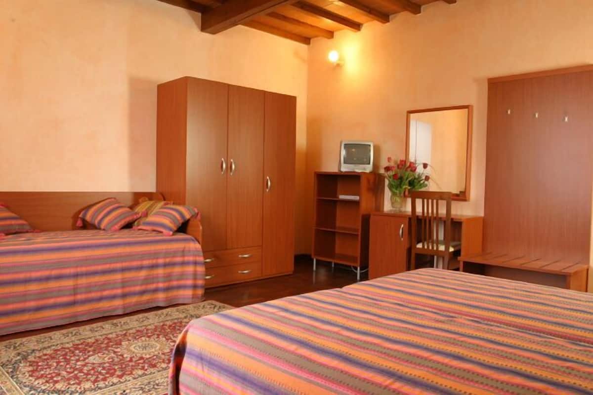 A bedroom with two beds, a wooden wardrobe, a desk with a chair, and a television.