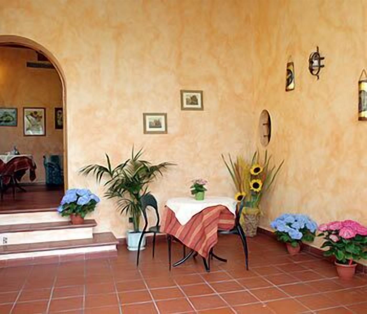 Un rincón comedor acogedor con una mesa y sillas, rodeado de plantas en macetas y cuadros en la pared.