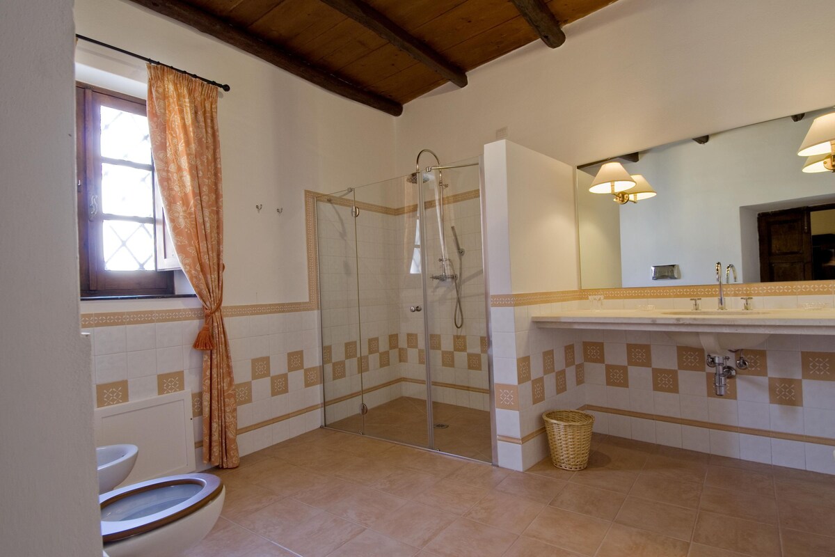 A bathroom with a shower, toilet, and sink.