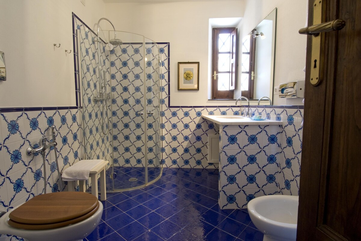 A bathroom with a shower enclosure, a toilet, a sink, and a bidet.