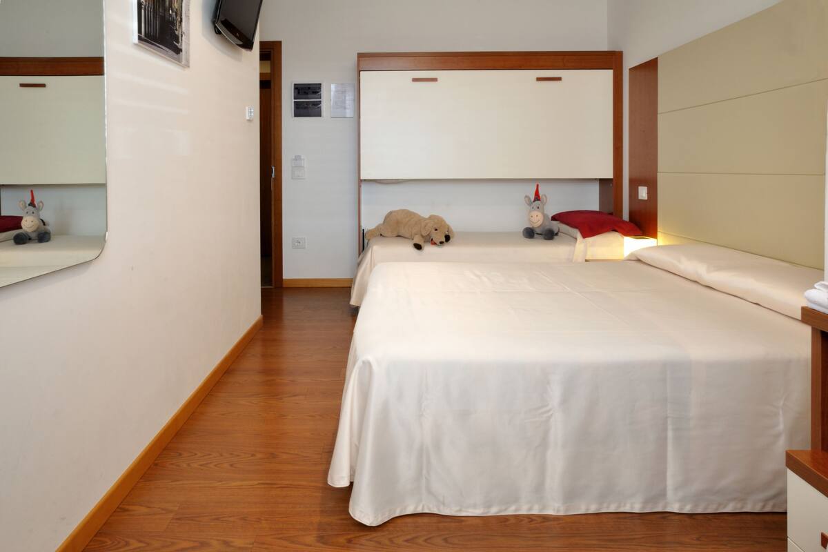 A hotel room with two single beds, a wooden floor, a large mirror, and a television on the wall.