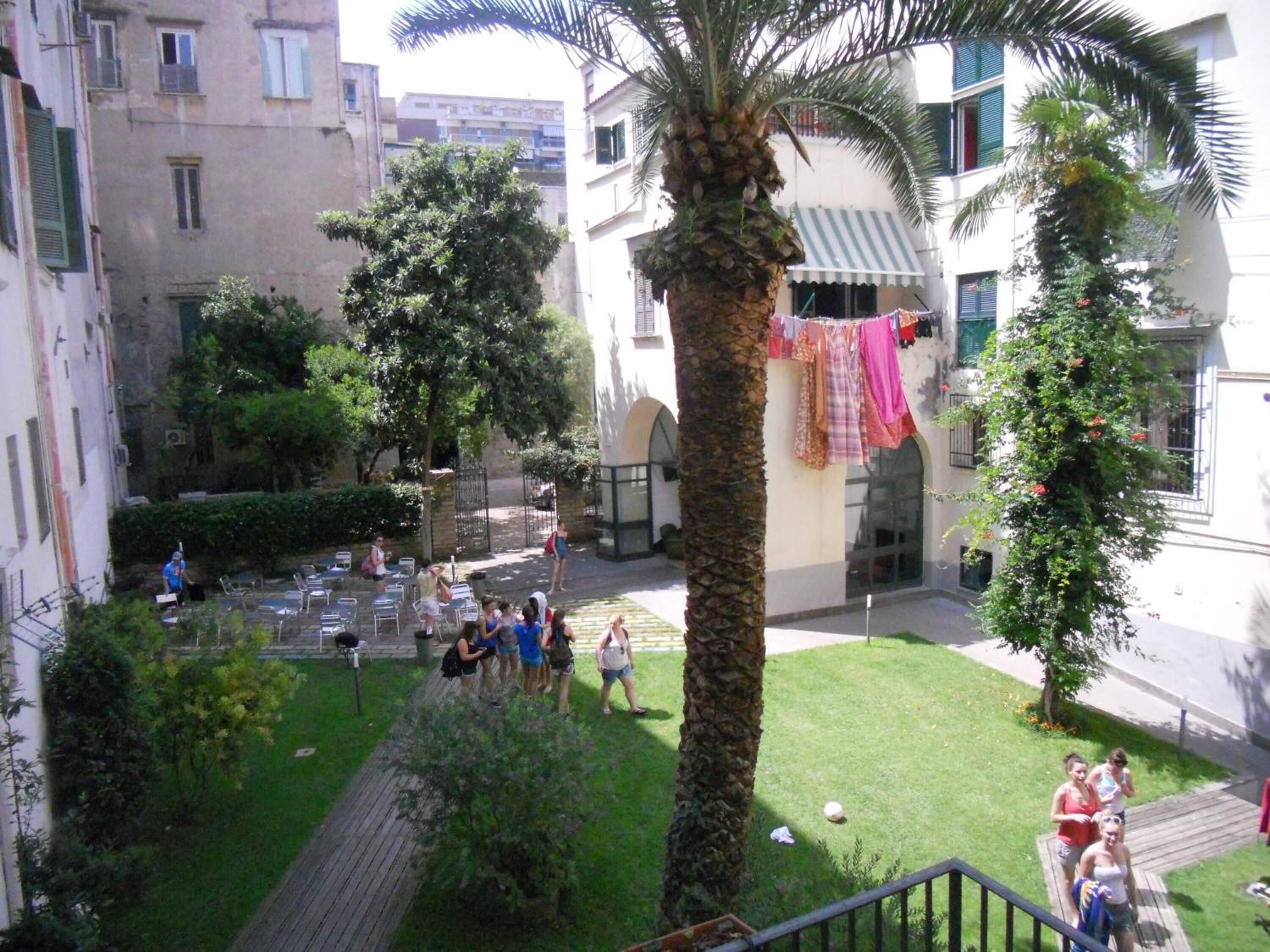 A courtyard with a palm tree, a small garden, and a building with a striped awning.