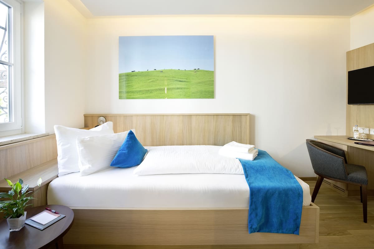 Habitación de hotel con cama, escritorio, silla, televisor y un cuadro de un campo.