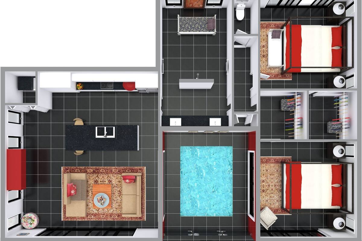 A 2-story hotel layout with a swimming pool, multiple bedrooms, a kitchen, and a dining area.