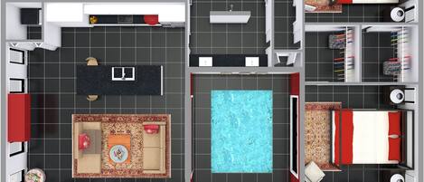 A 2-story hotel layout with a swimming pool, multiple bedrooms, a kitchen, and a dining area.
