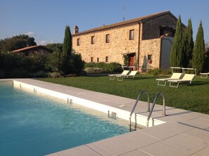 Seasonal outdoor pool, pool umbrellas, sun loungers