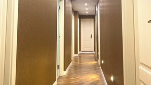A hallway with wooden flooring, white doors, and recessed ceiling lights.