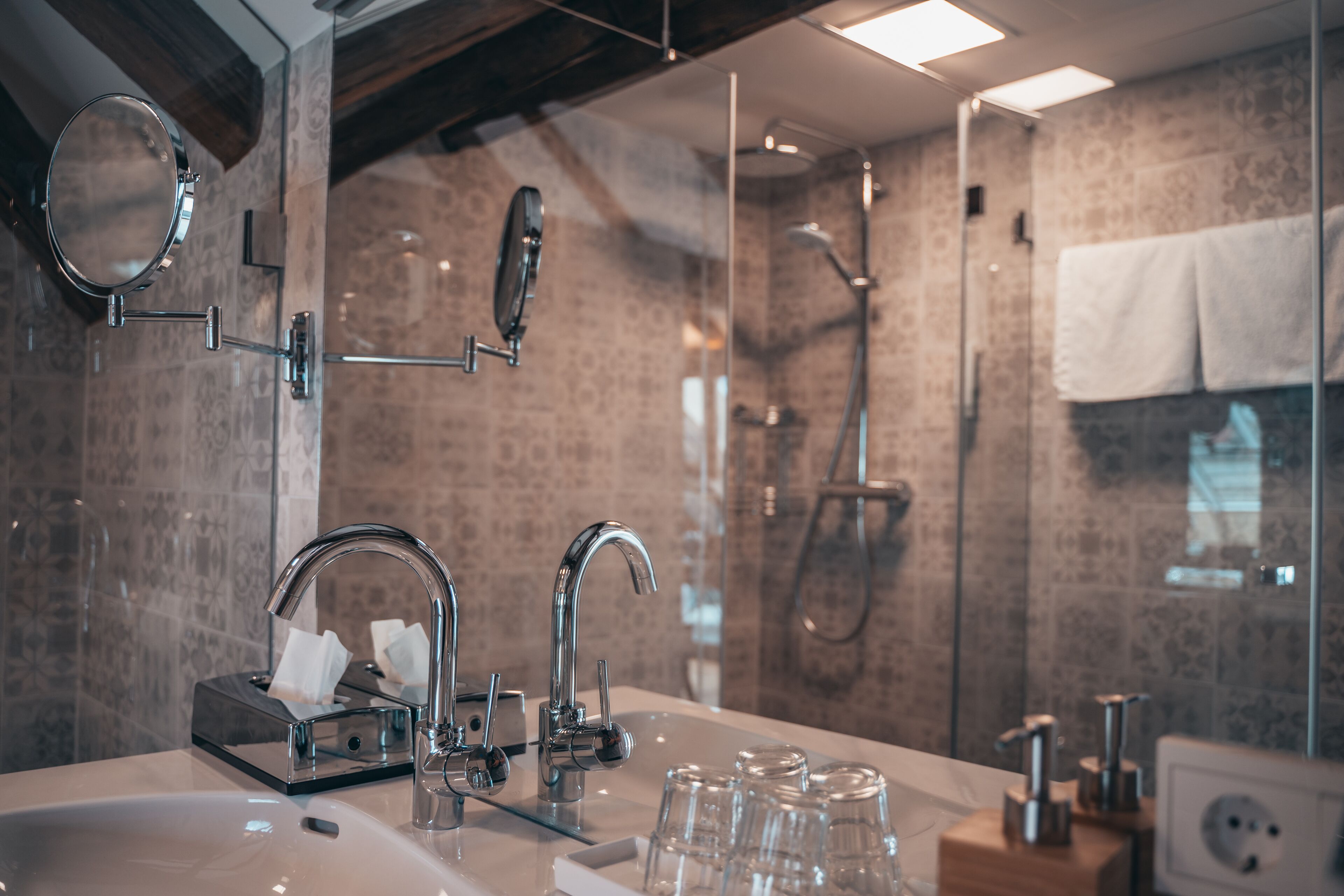 free toiletries, hair dryer, slippers, towels