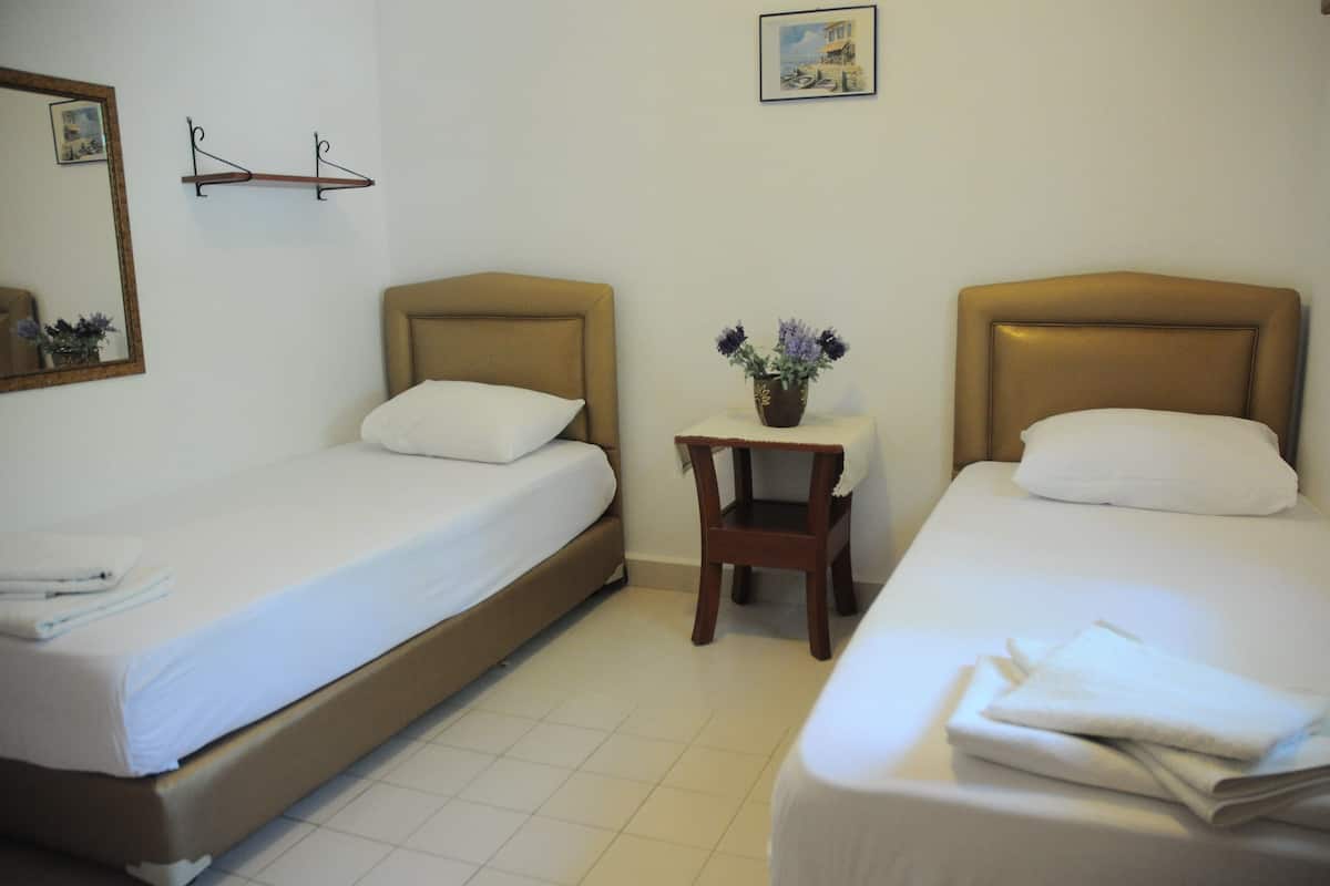 Une chambre d’hôtel avec deux lits simples, une petite table sur laquelle est posé un vase de fleurs, et un miroir au mur.