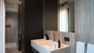 Une salle de bain moderne avec un grand miroir, un lavabo et un espace douche.