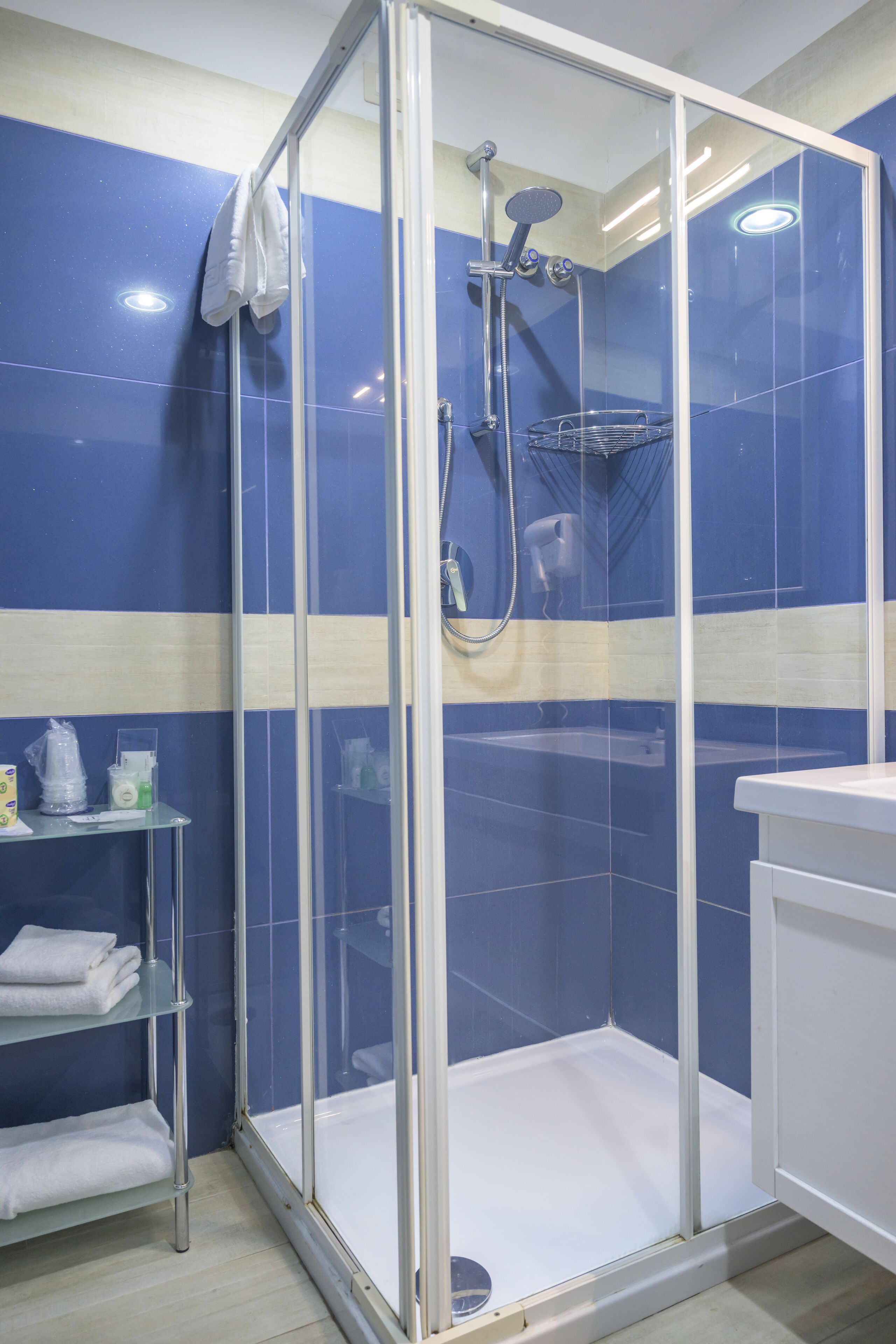 A glass-enclosed shower with a handheld showerhead and a wall-mounted faucet.