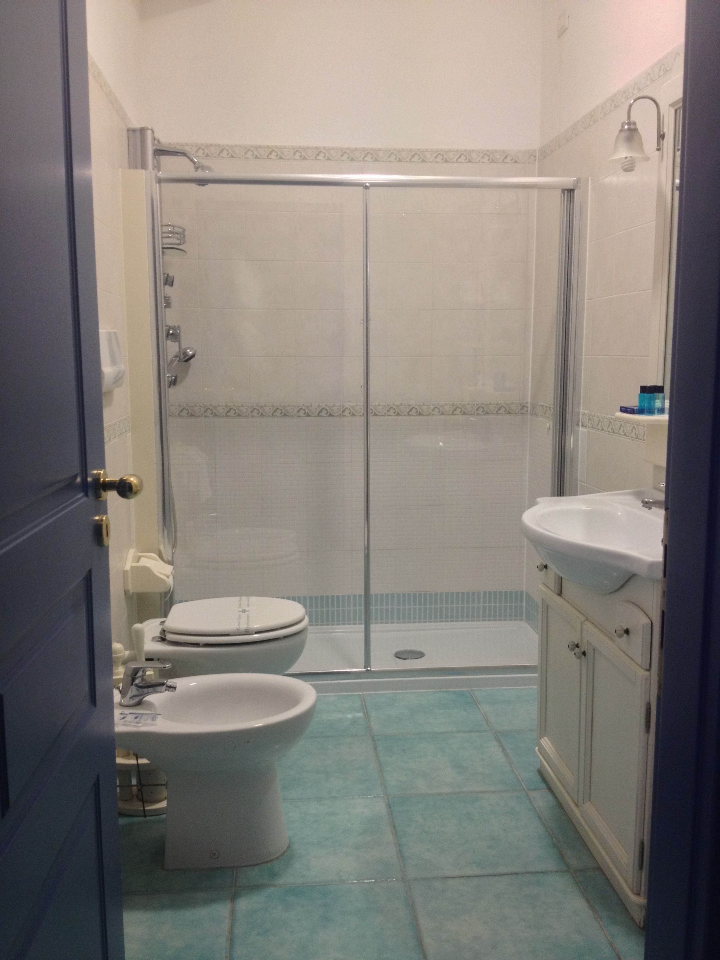 Een badkamer met een douche, toilet, toiletbrons en wastafel.