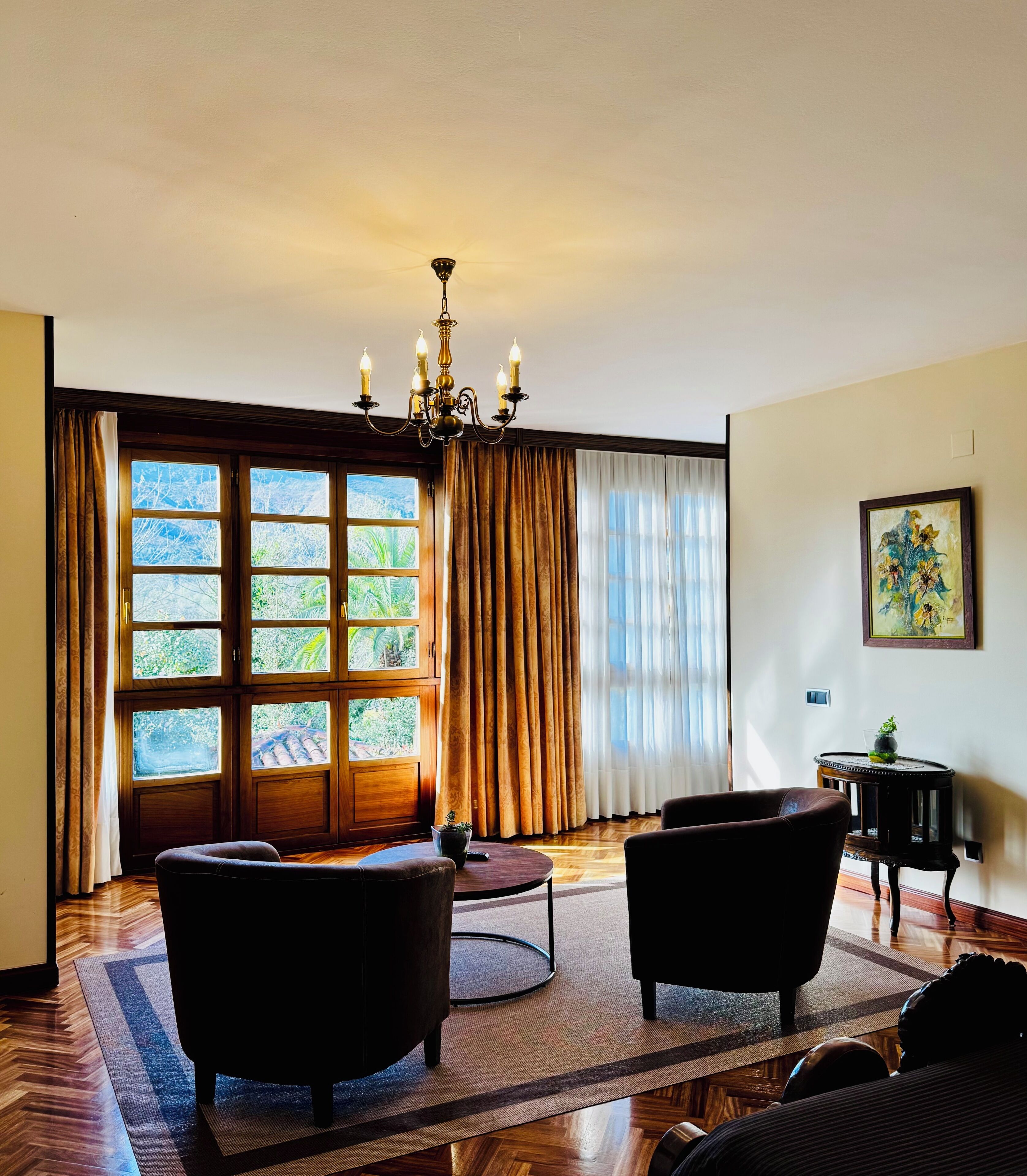 Desk, laptop workspace, blackout drapes, soundproofing