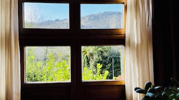 Desk, laptop workspace, blackout drapes, soundproofing