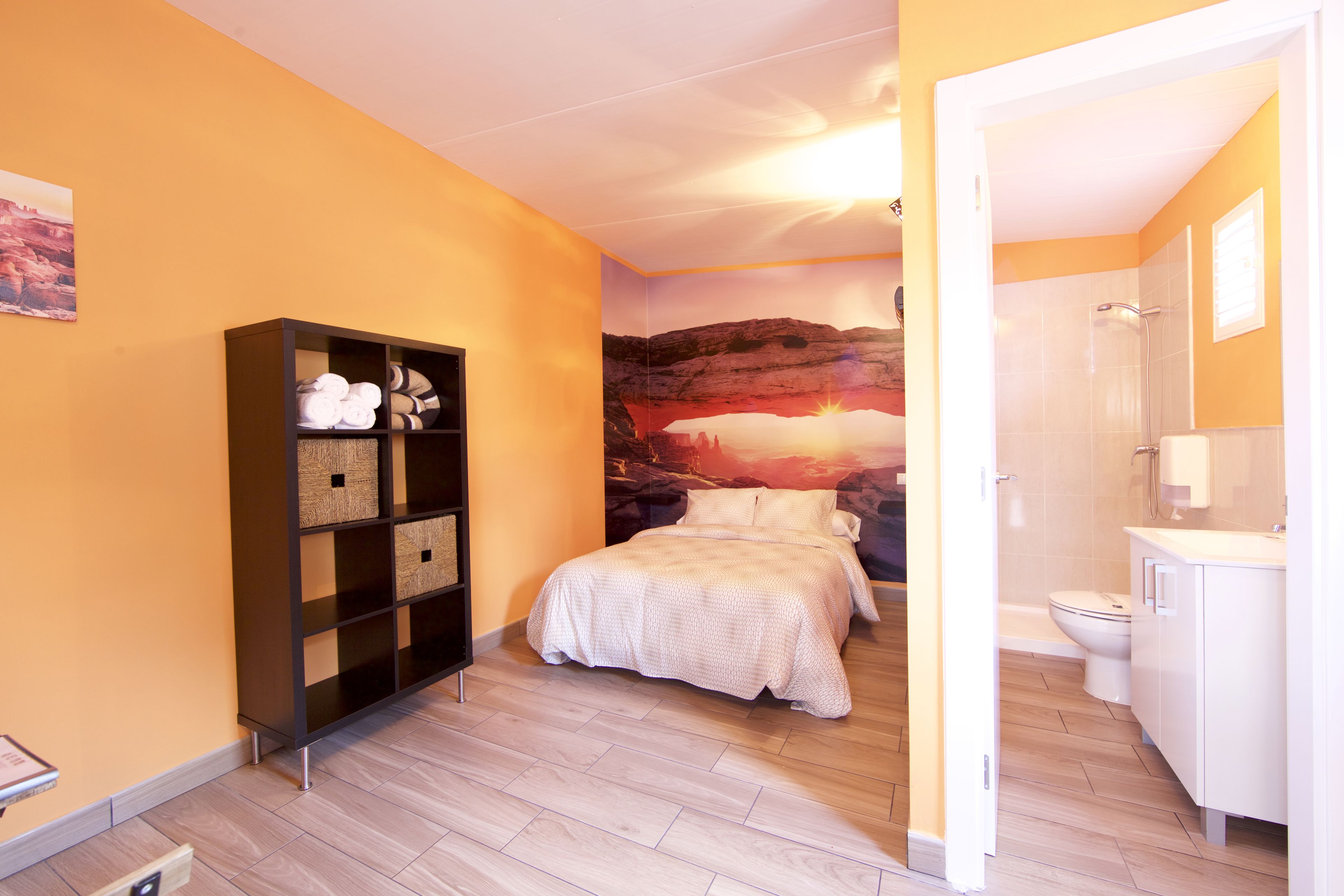 A bedroom with a bed, a bookshelf, and a bathroom with a toilet and sink.