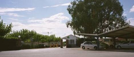 A parking lot with a covered car wash area, a building, and a large tree.