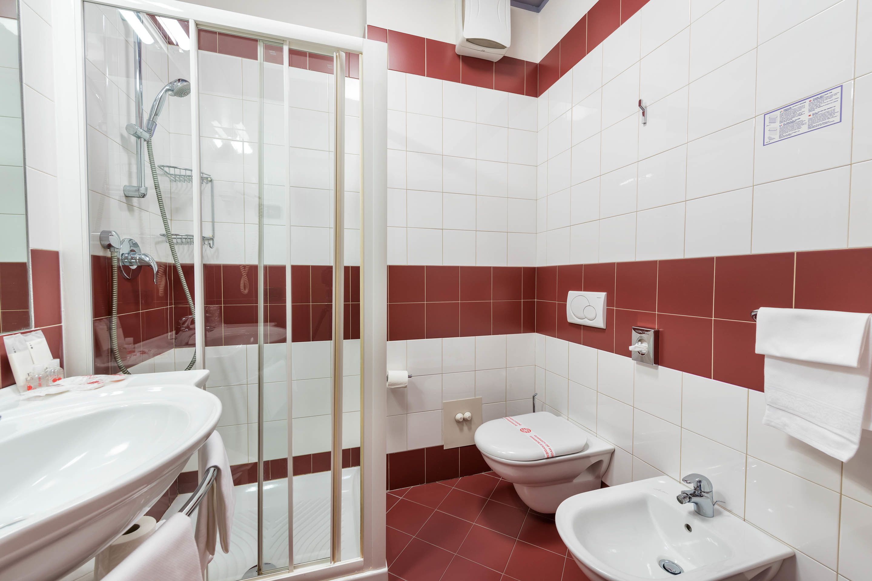Een badkamer met douche, toilet, wastafel en handdoekhouder.