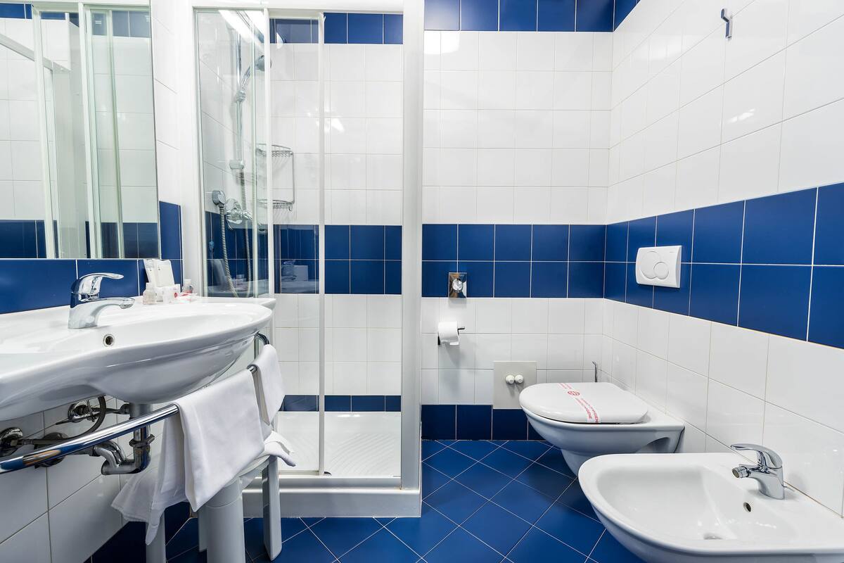 shower, rainfall showerhead, free toiletries, hair dryer