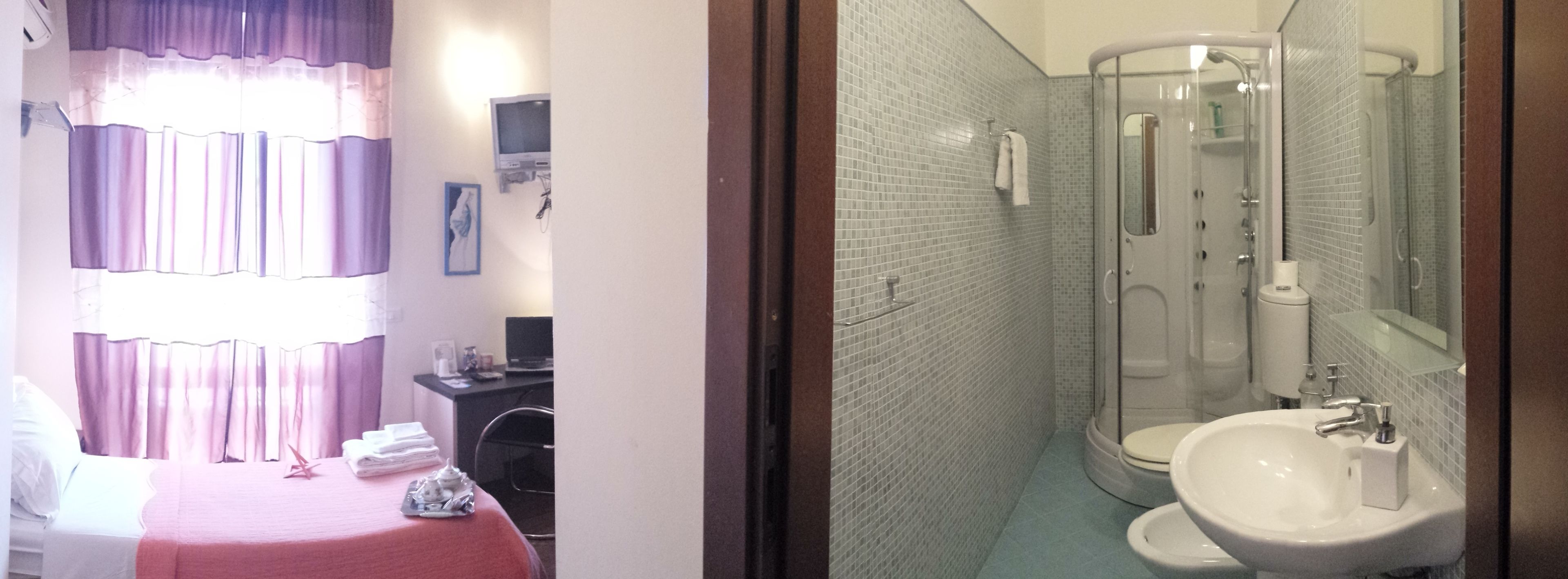 A hotel room with a bed, a desk, a TV, and a bathroom with a shower, sink, and toilet.