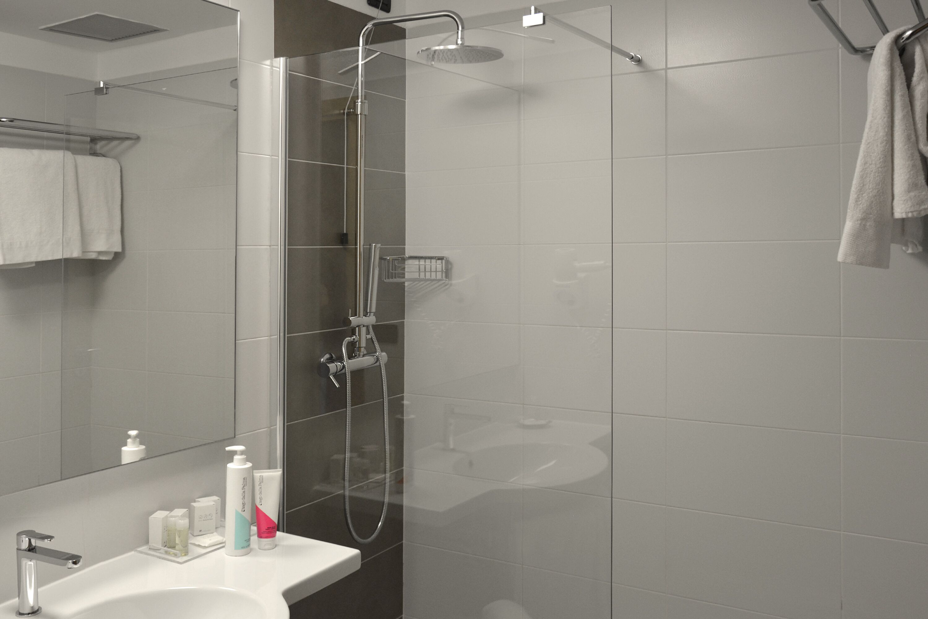 A modern bathroom with a glass-enclosed shower, a sink with toiletries, and a towel rack.