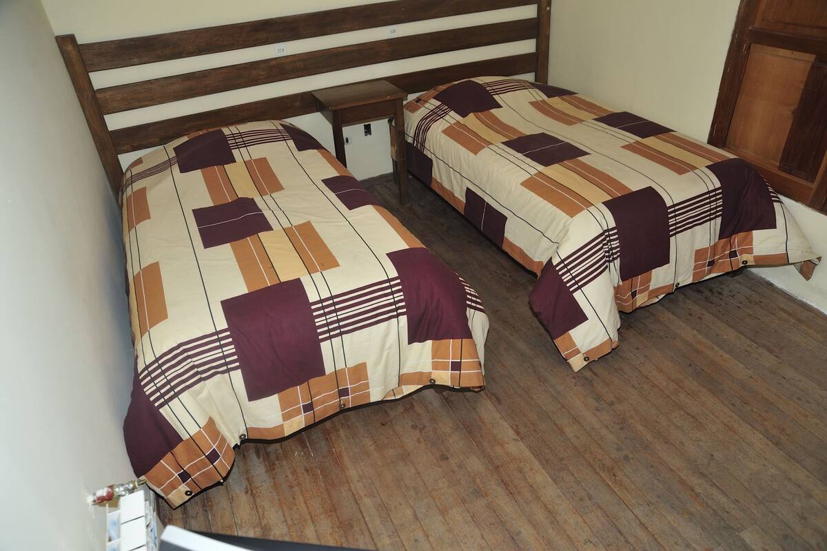 A room with two single beds, wooden headboards, and a small bedside table.