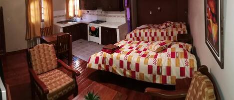 Habitación pequeña con cama, mesa de comedor, una silla, un rincón de cocina y una planta en maceta.