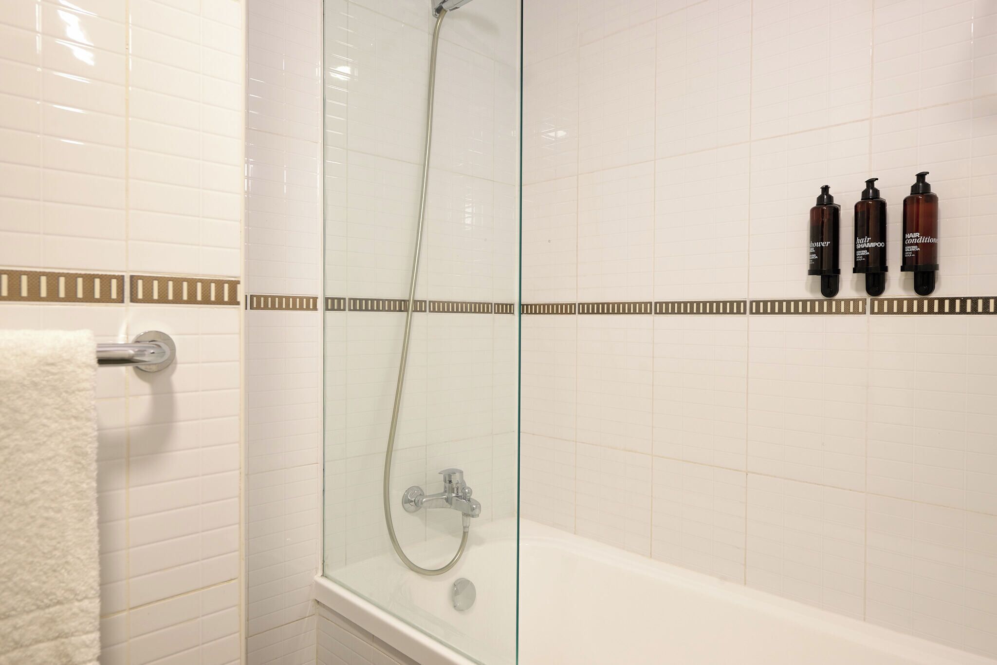 A bathroom with a glass-enclosed shower, a bathtub, and three bottles of hair care products on the wall.