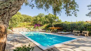 Seasonal outdoor pool, pool umbrellas, sun loungers