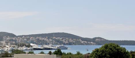 A coastal town with a marina, boats, and buildings.