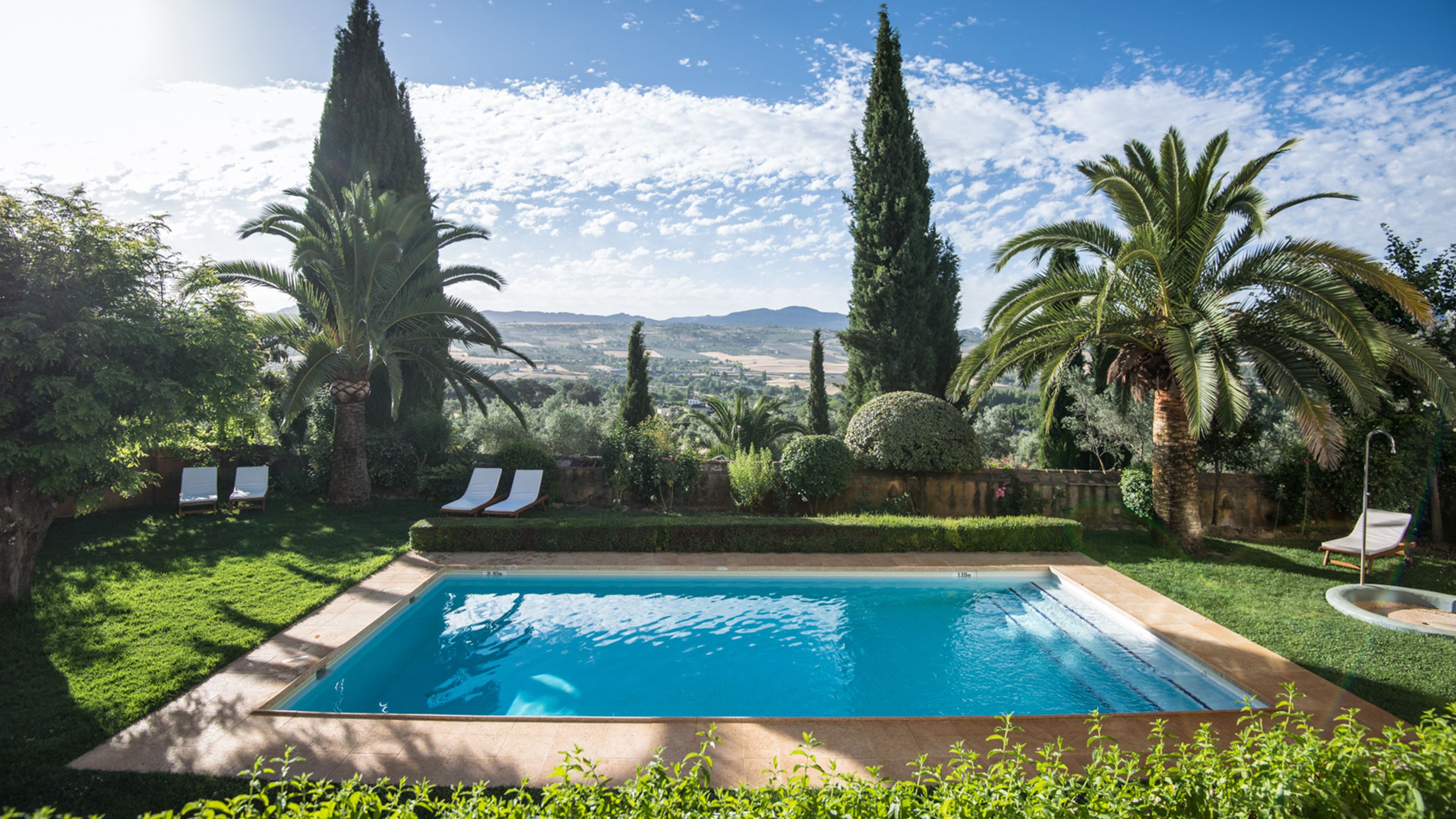 outdoor pool, pool loungers